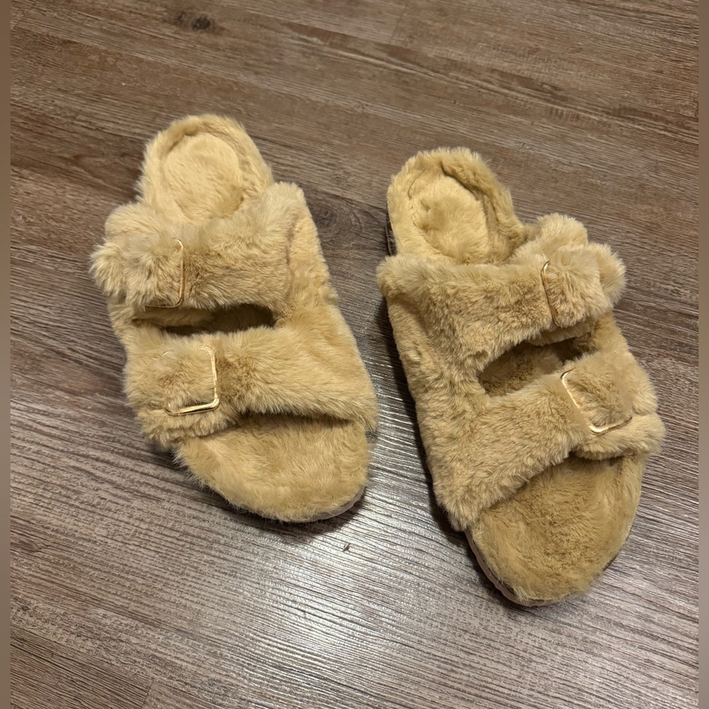 NEW ~ FITORY Women’s Tan/Beige Faux Rabbit Fur Cork Slide Sandals ~ size 8.5 - Picture 6 of 8